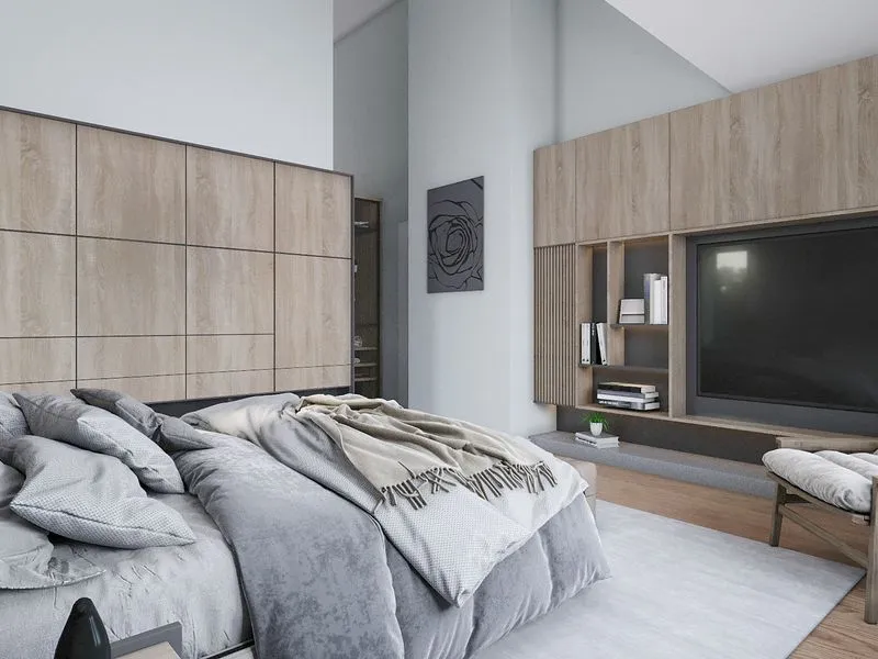 Scandinavian Master Bedroom Tv Wall — residential 3D rendering