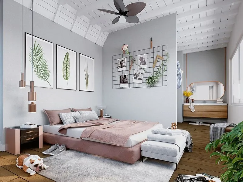 Scandinavian Vaulted Bedroom Botanical Art — residential 3D rendering