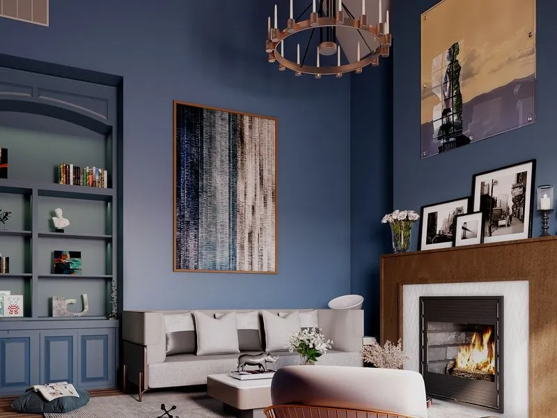 Traditional Living Room Blue Walls — residential 3D rendering