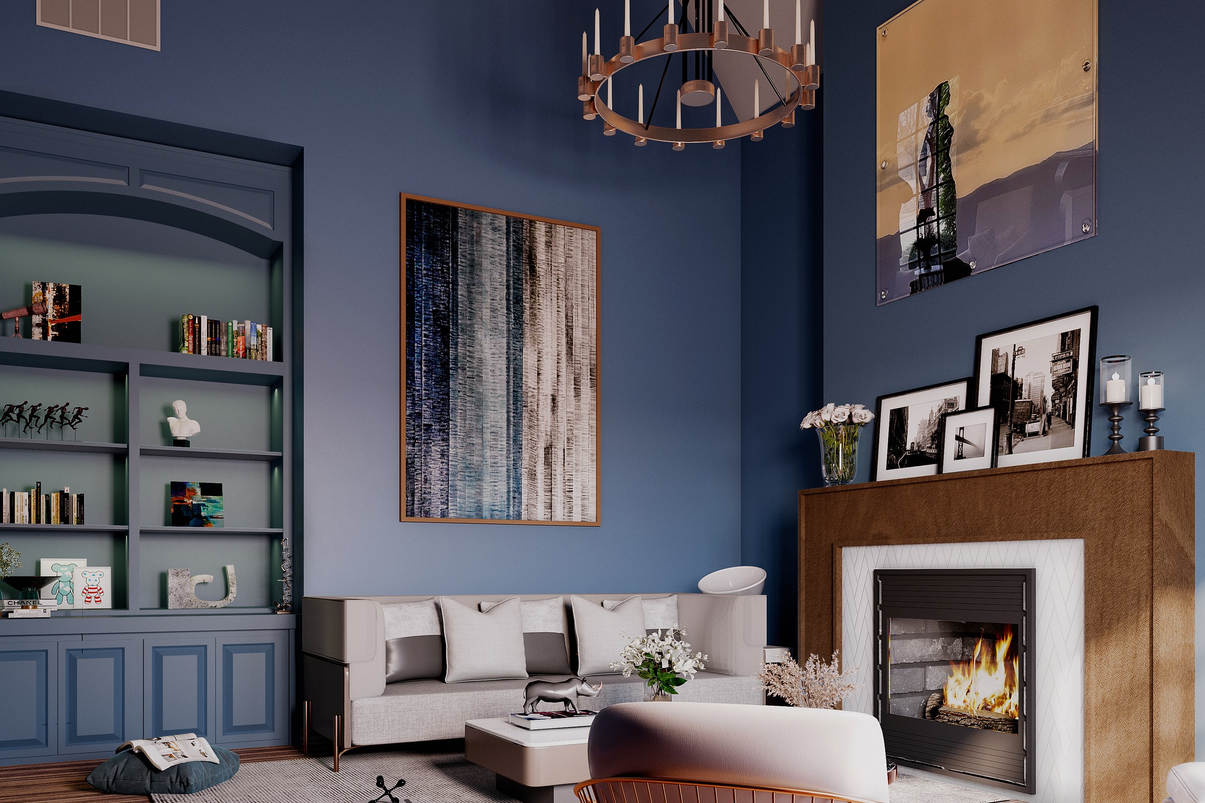 Traditional Living Room Blue Walls