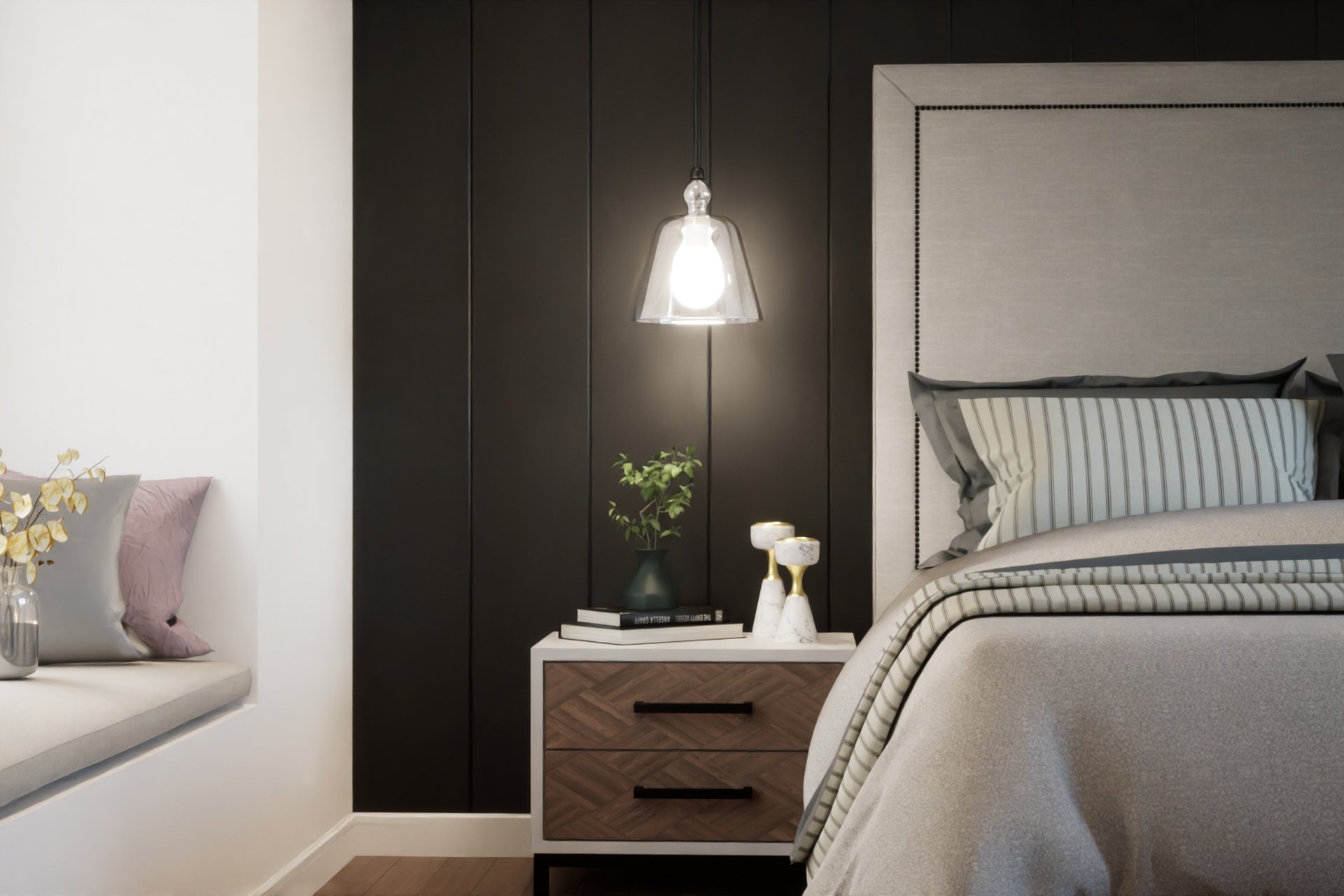 Transitional Master Bedroom Dark Panel — image 4