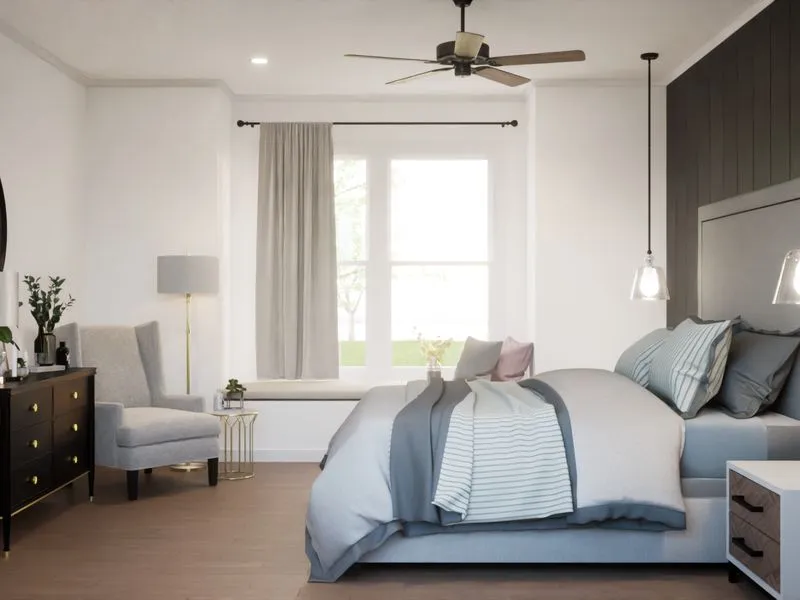 Transitional Master Bedroom Dark Panel — residential 3D rendering