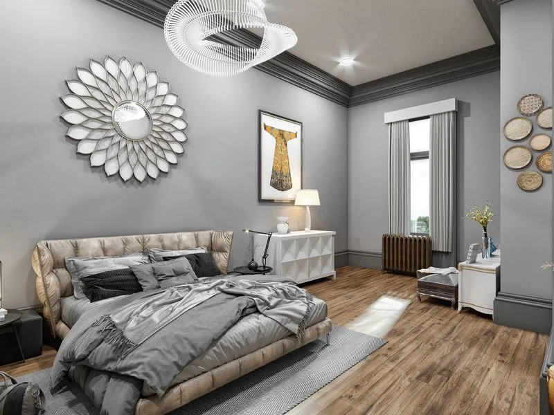 Transitional Master Bedroom Sunburst Mirror — residential 3D rendering