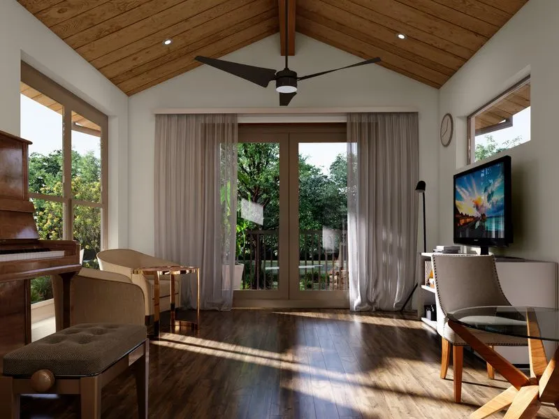 Tropical Living Room Pitched Ceiling — residential 3D rendering