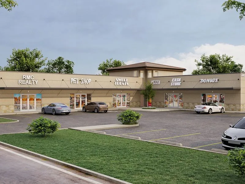 Multi Tenant Strip Mall — retail 3D rendering