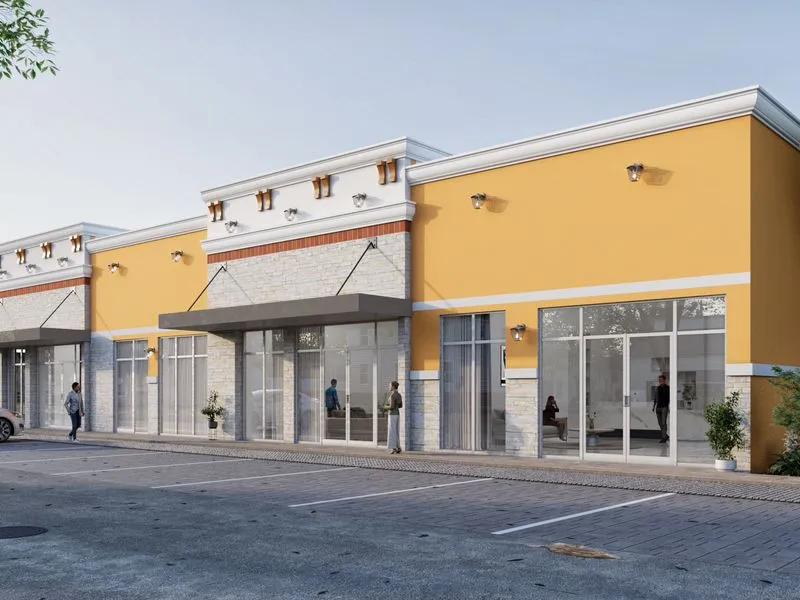 Yellow Stucco Strip Mall — retail 3D rendering