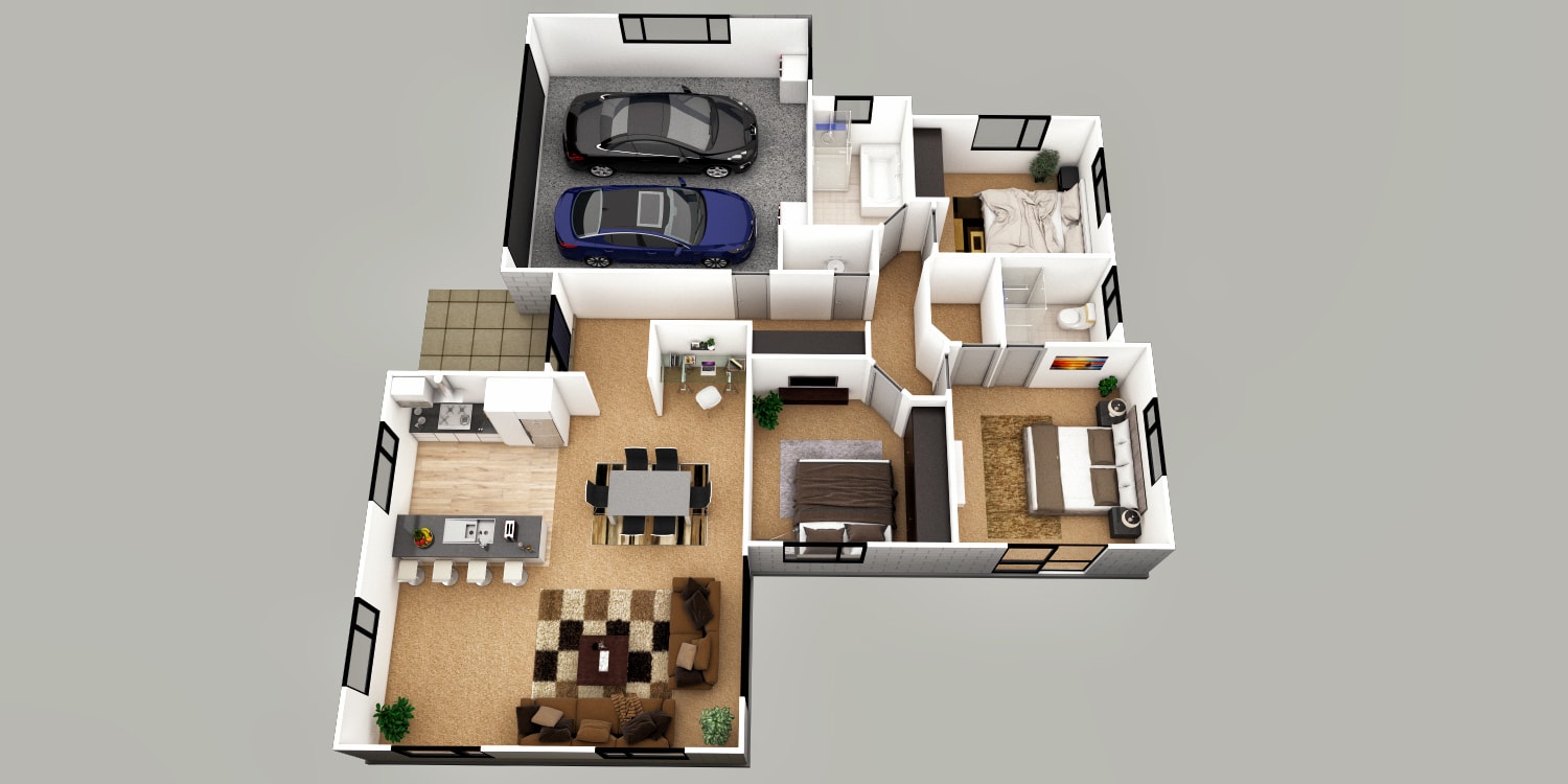 3D Floor Plan with 3 Bedrooms, Kitchen, Dining Room, Living Room, and Two-Car Parking Area