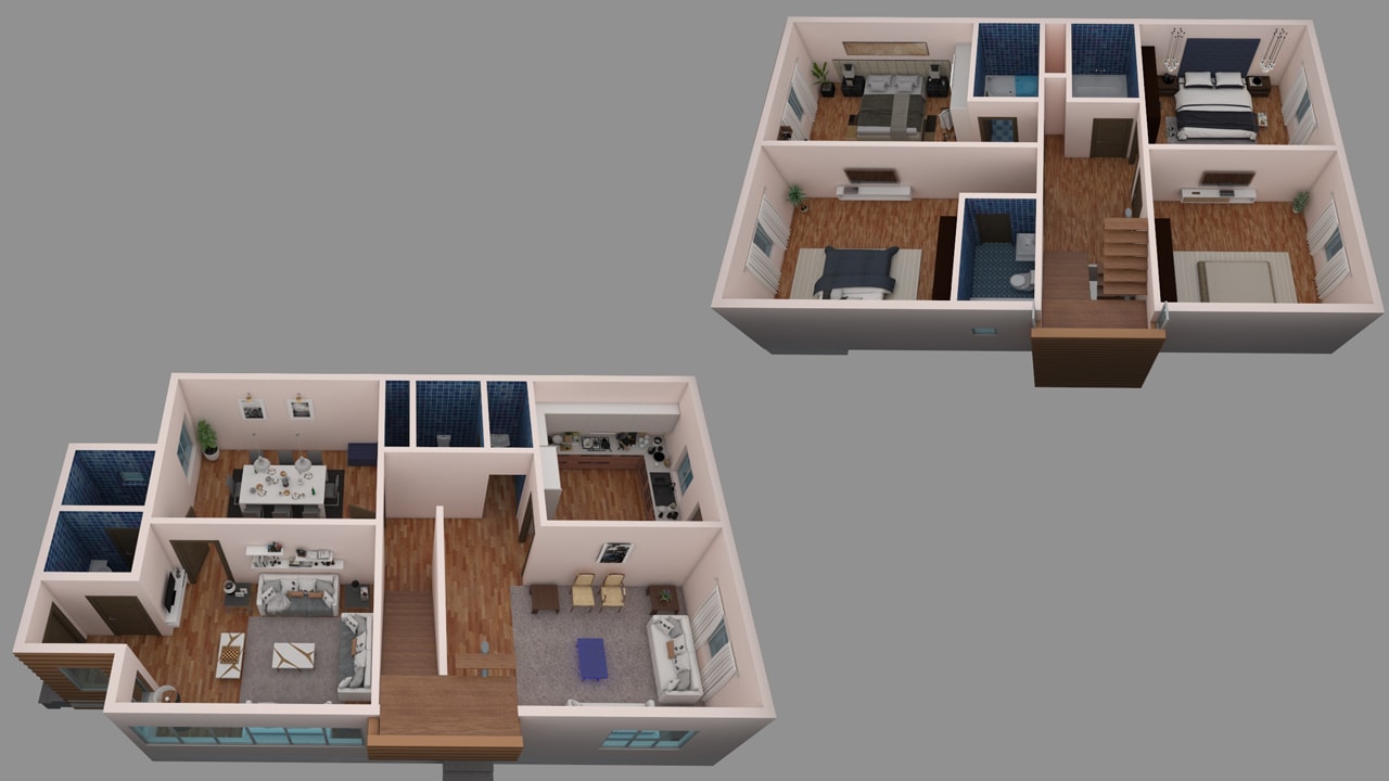 2 Bedroom Apartment 3D Floor Plan with Living Room, Kitchen, and Dining Room