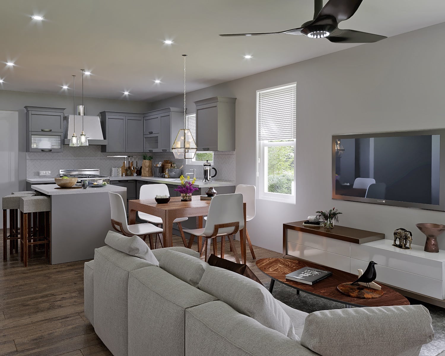 Kitchen and Living Room Interior Rendering