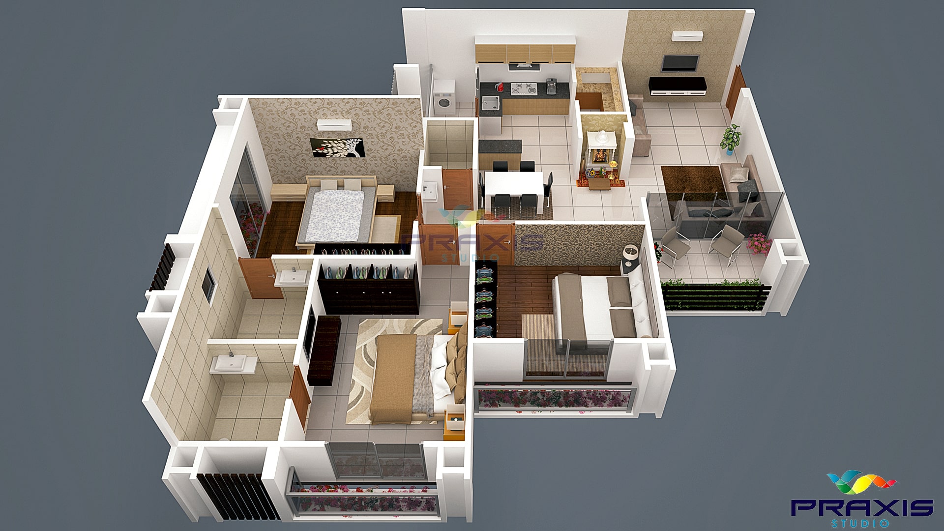 Three Bedroom, Kitchen, Living Room, and Dining Room 3D Floor Plan