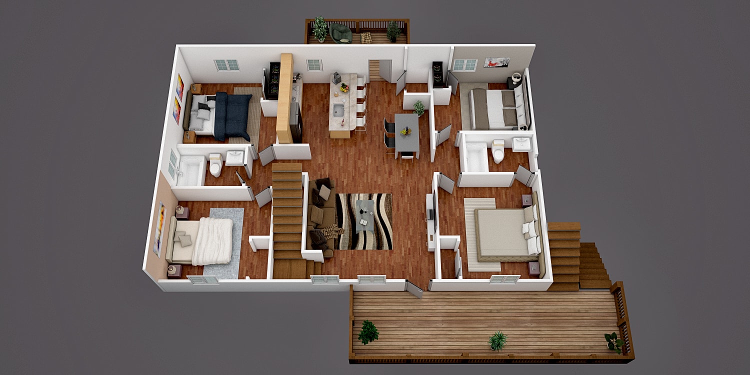 4 Bedroom, Kitchen, Living Room, and Balcony 3D Floor Plan