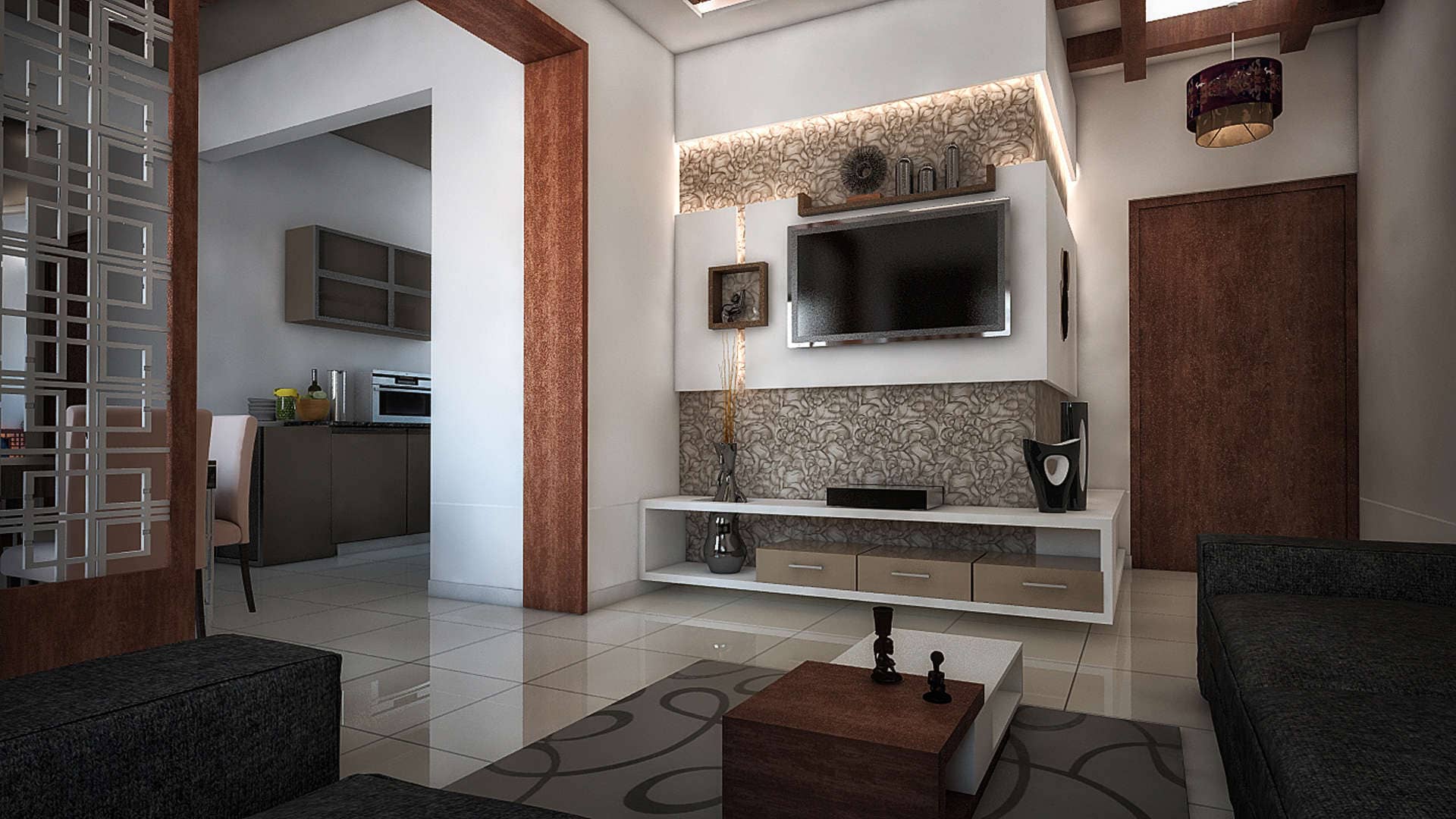 Living Room and Kitchen View 3D Rendering