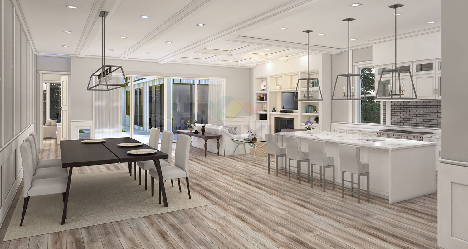 Kitchen, Dining Room, and Living Room Interior Rendering