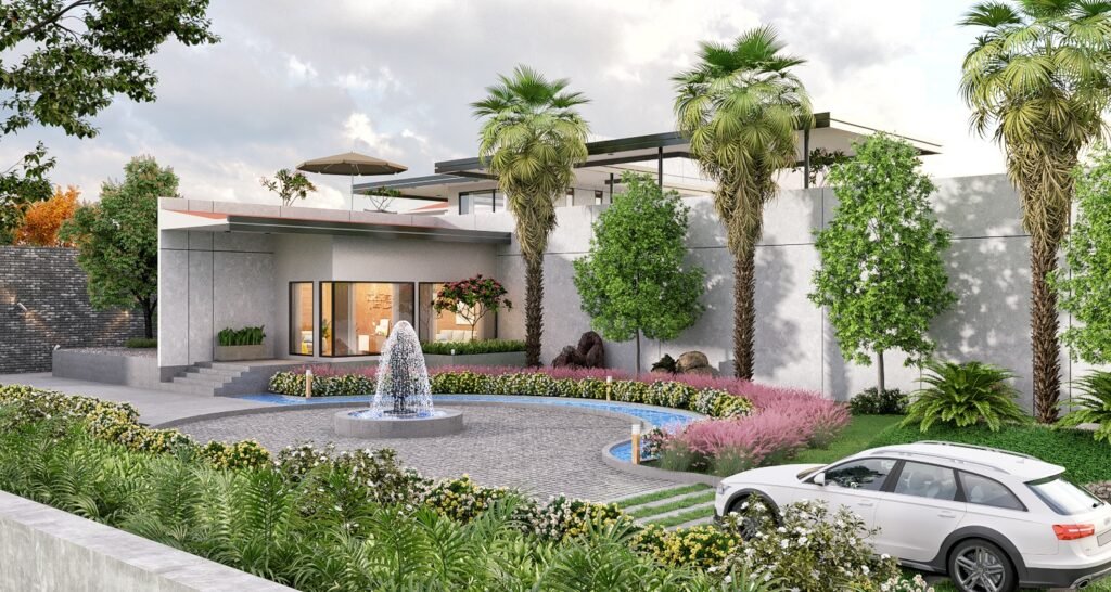 Front Luxury Villa Garden View and Parking Area Exterior Rendering