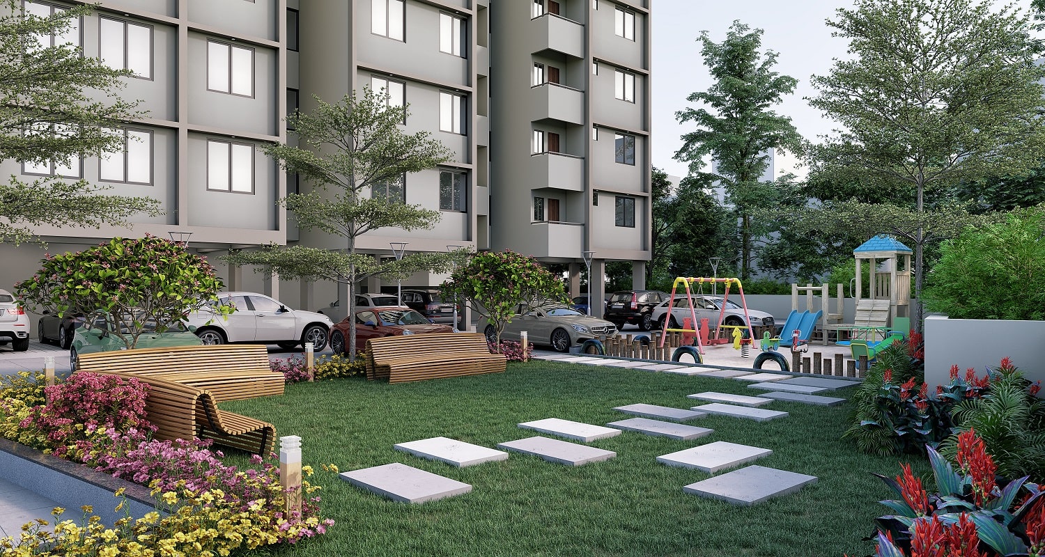 Residential High Rise Building Garden View Exterior Rendering