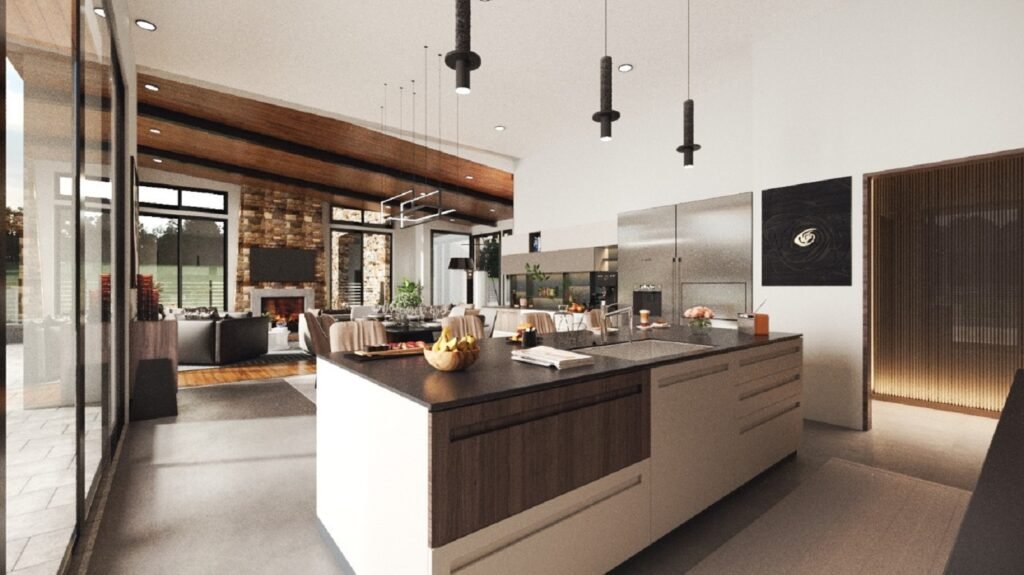kitchen-room-window-view-lights-interior-rendering - Architectural Visualization 3D Studio Praxis Studio - Architectural Visualization 3D Studio Praxis Studio Kitchen room with window view, lights, and interior rendering