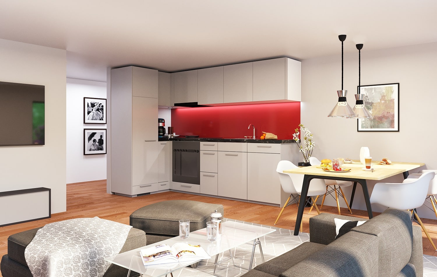 Small House Living with Kitchen Interior Rendering