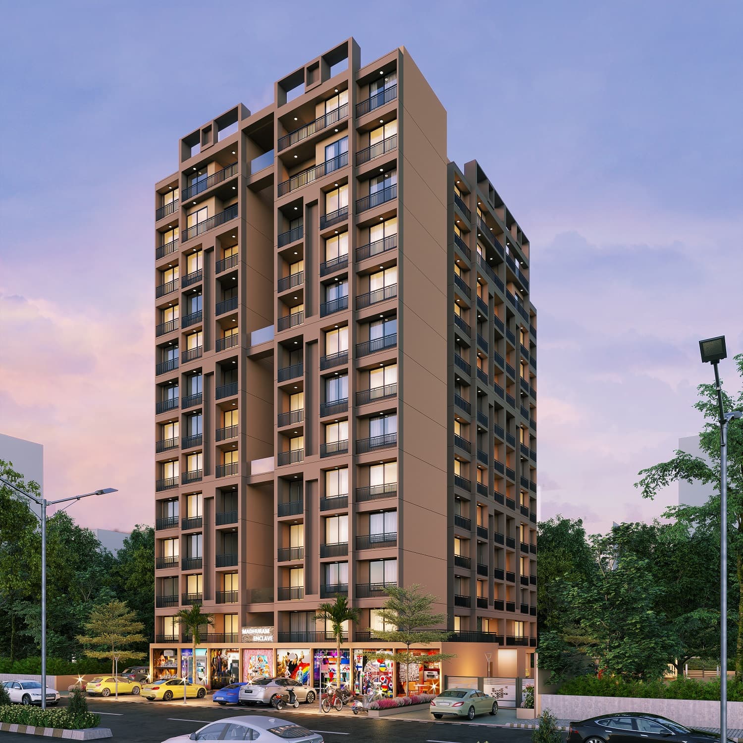 High Rise Building Road View Exterior Rendering