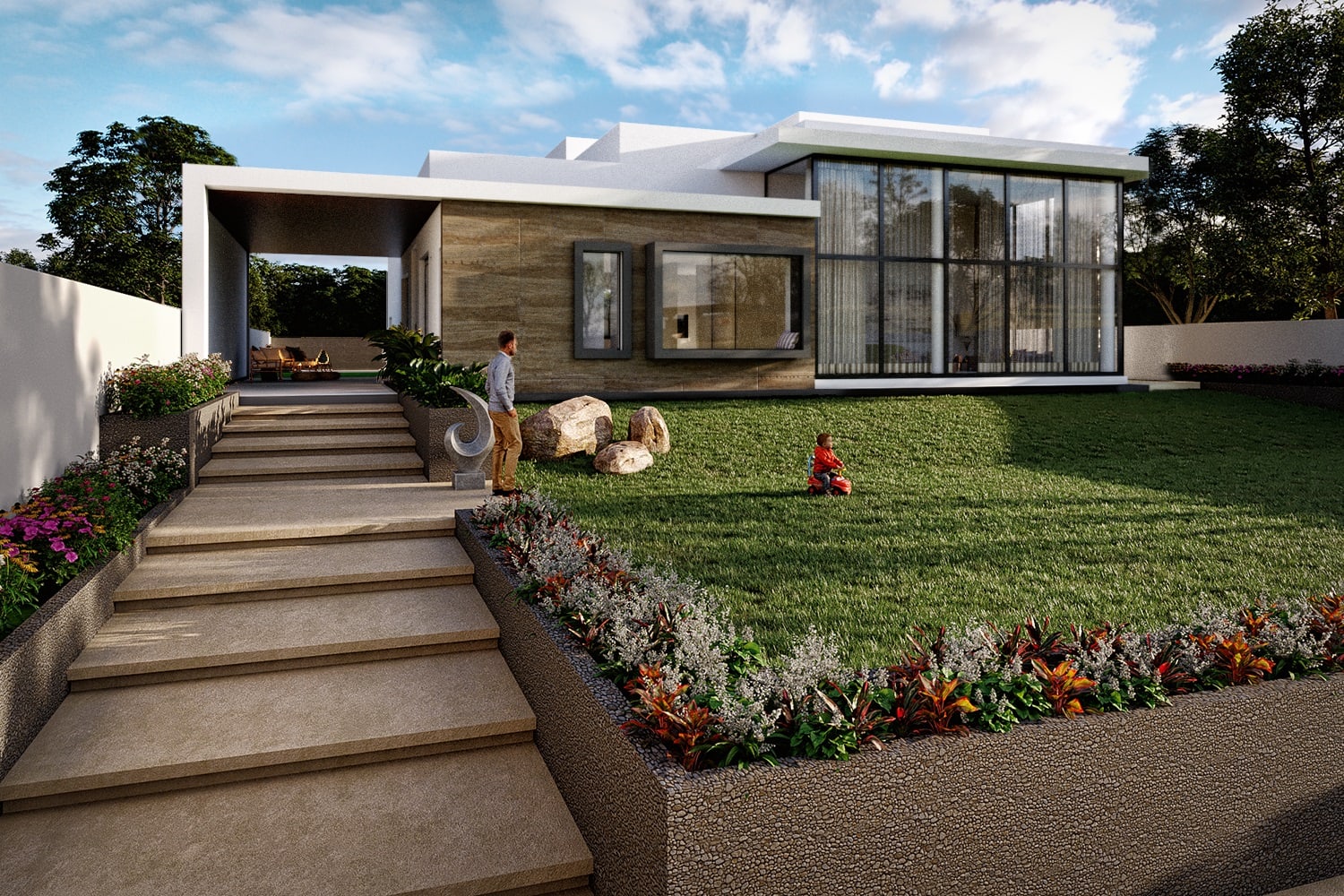 Villa Front Side Garden View Exterior 3D Visualization