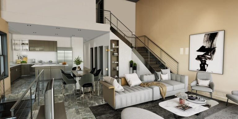 Second-floor kitchen with living room interior rendering