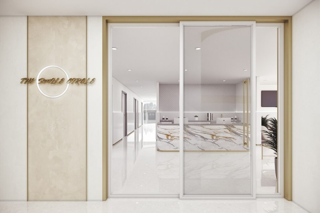 Dental hospital reception area interior rendering