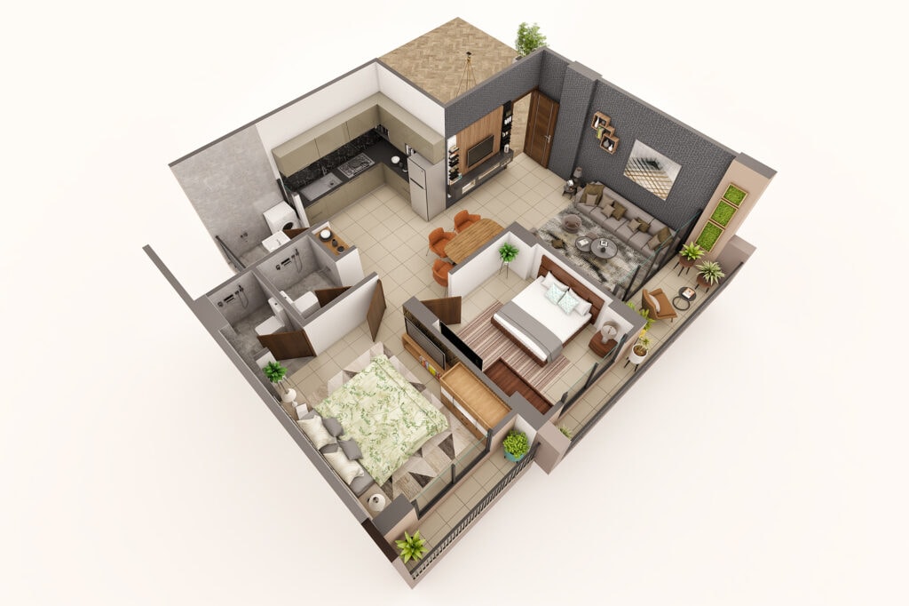 3D floor plan rendering with 2 bedrooms, kitchen, and sitting room