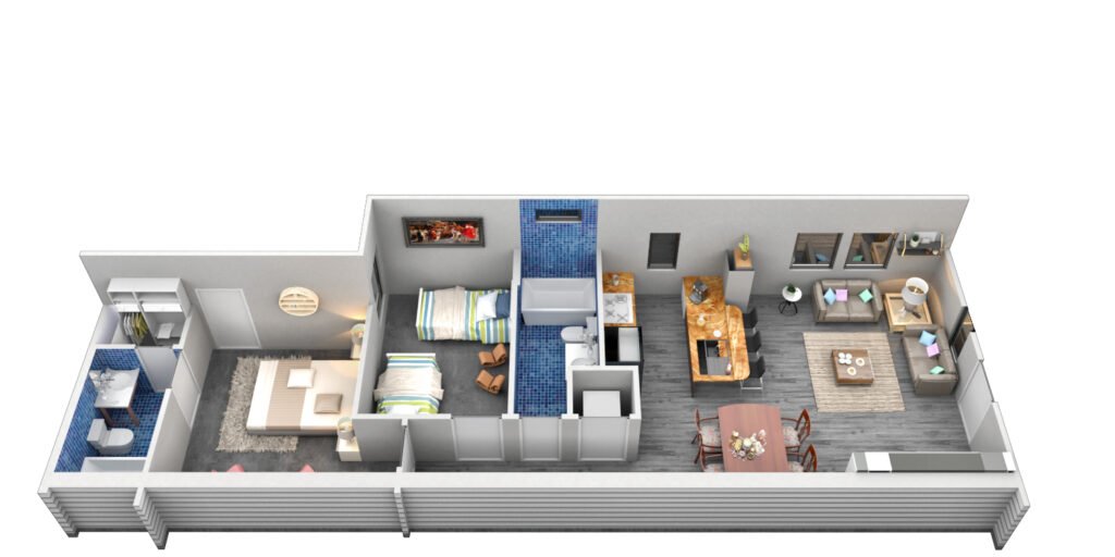 living room, kitchen, and bedroom 3D floor plans