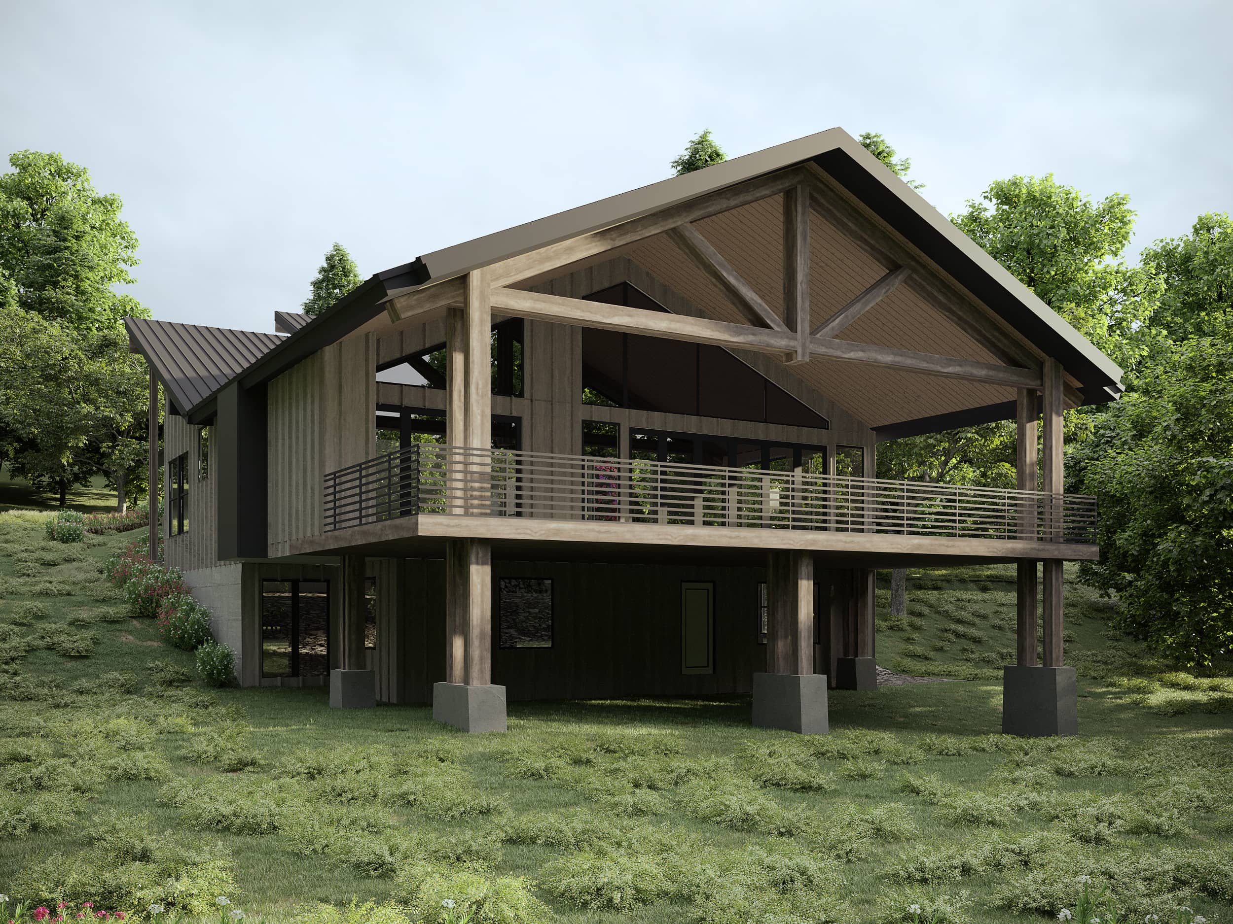 Forest Wooden House Exterior Rendering Back View
