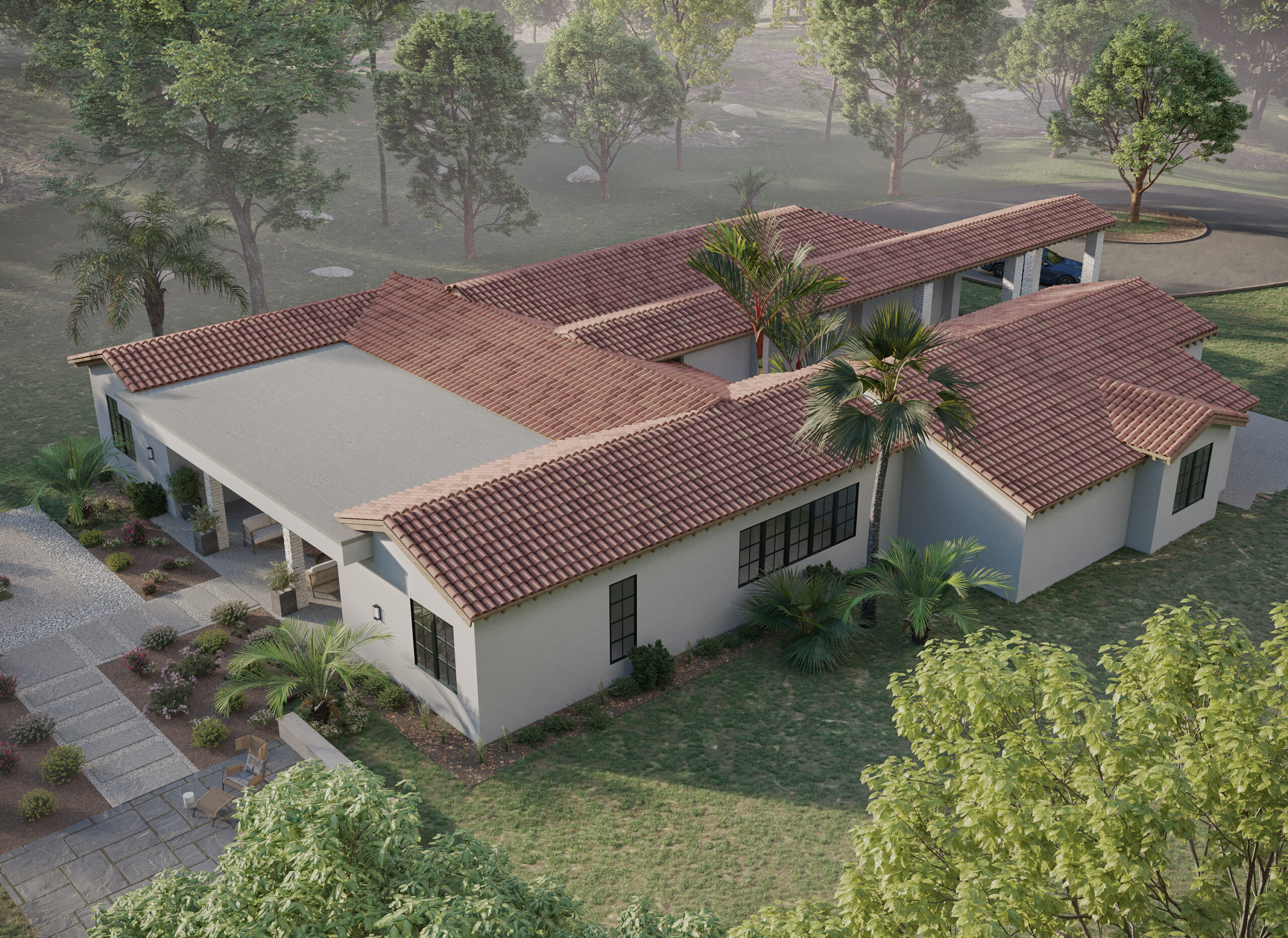 Bird View Photorealistic Single Family House Exterior Rendering