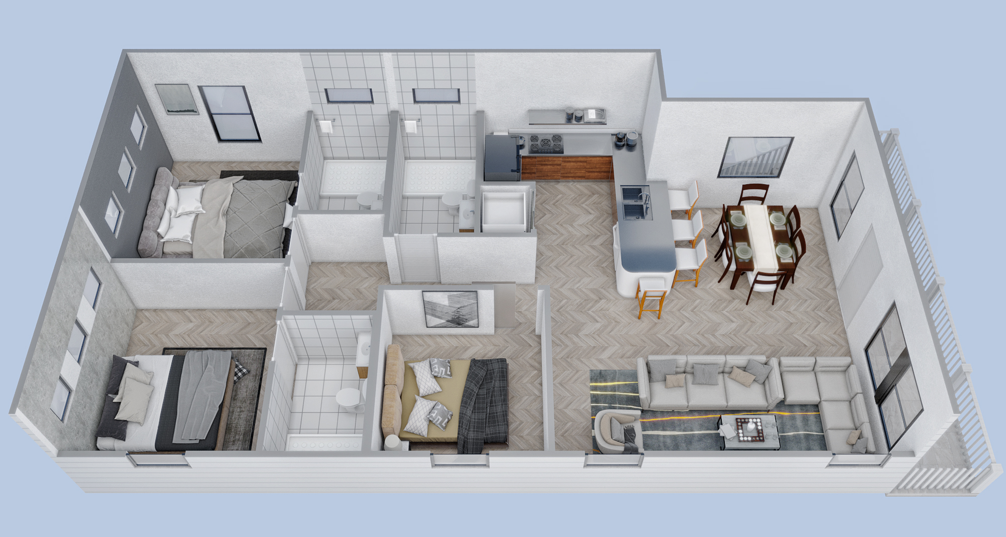 Small House 3 Bedroom Beach House 3D Floor Plan