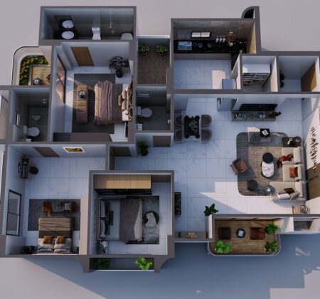 3D floor plan visualization of a modern apartment layout